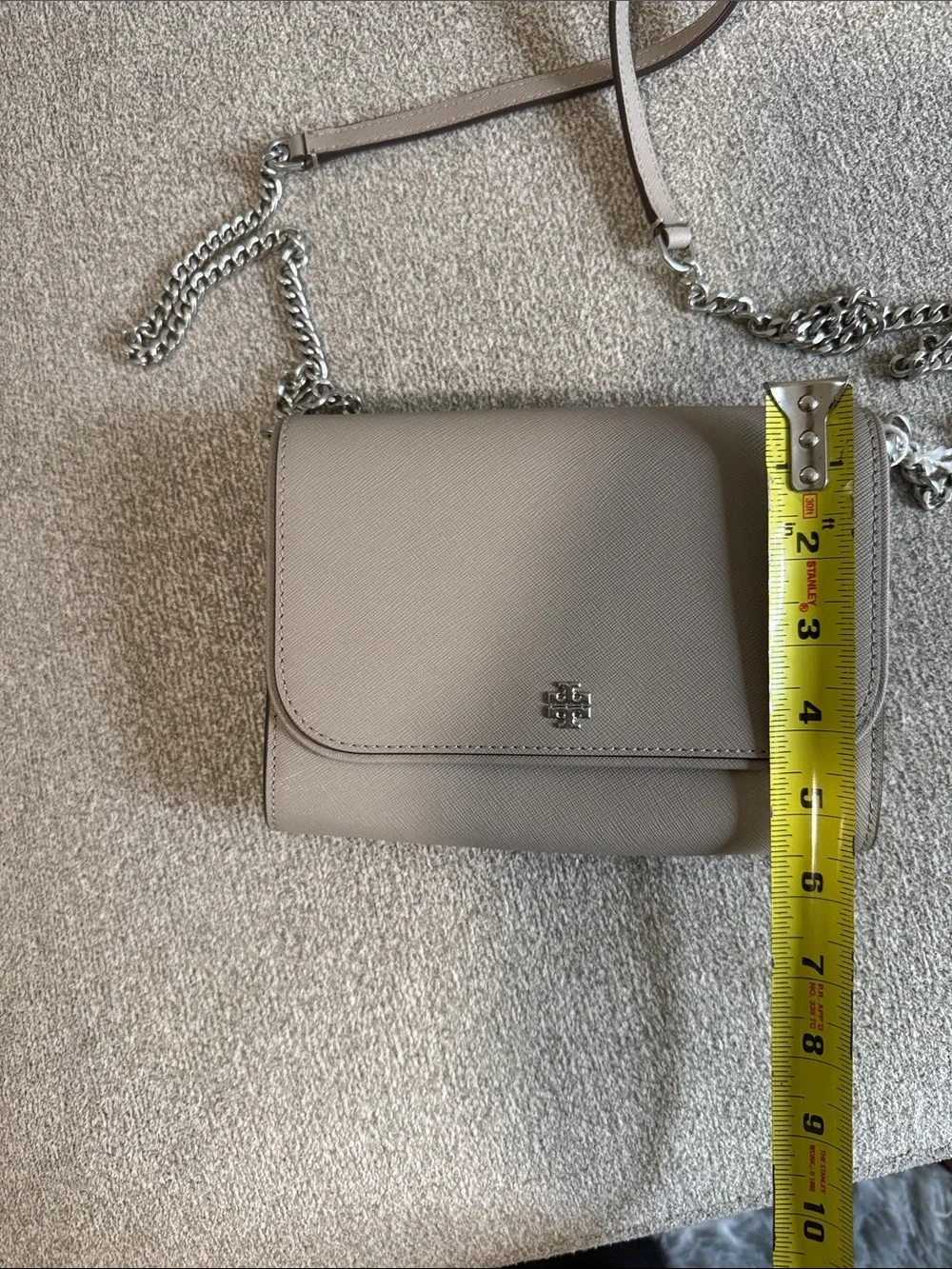 Tory Burch Taupe Pebbled Leather Chain Flap Crossbody